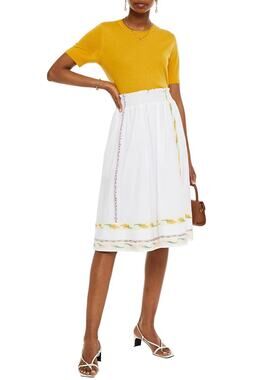 Tory Burch Ribbon Embellished Smocked A-Line Midi Skirt White Women's Size 4